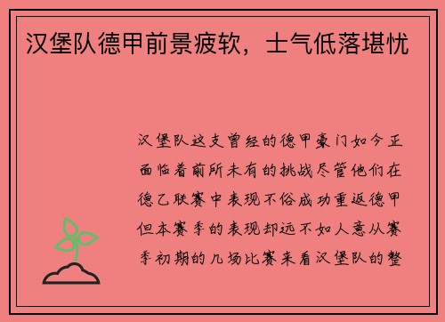 汉堡队德甲前景疲软，士气低落堪忧